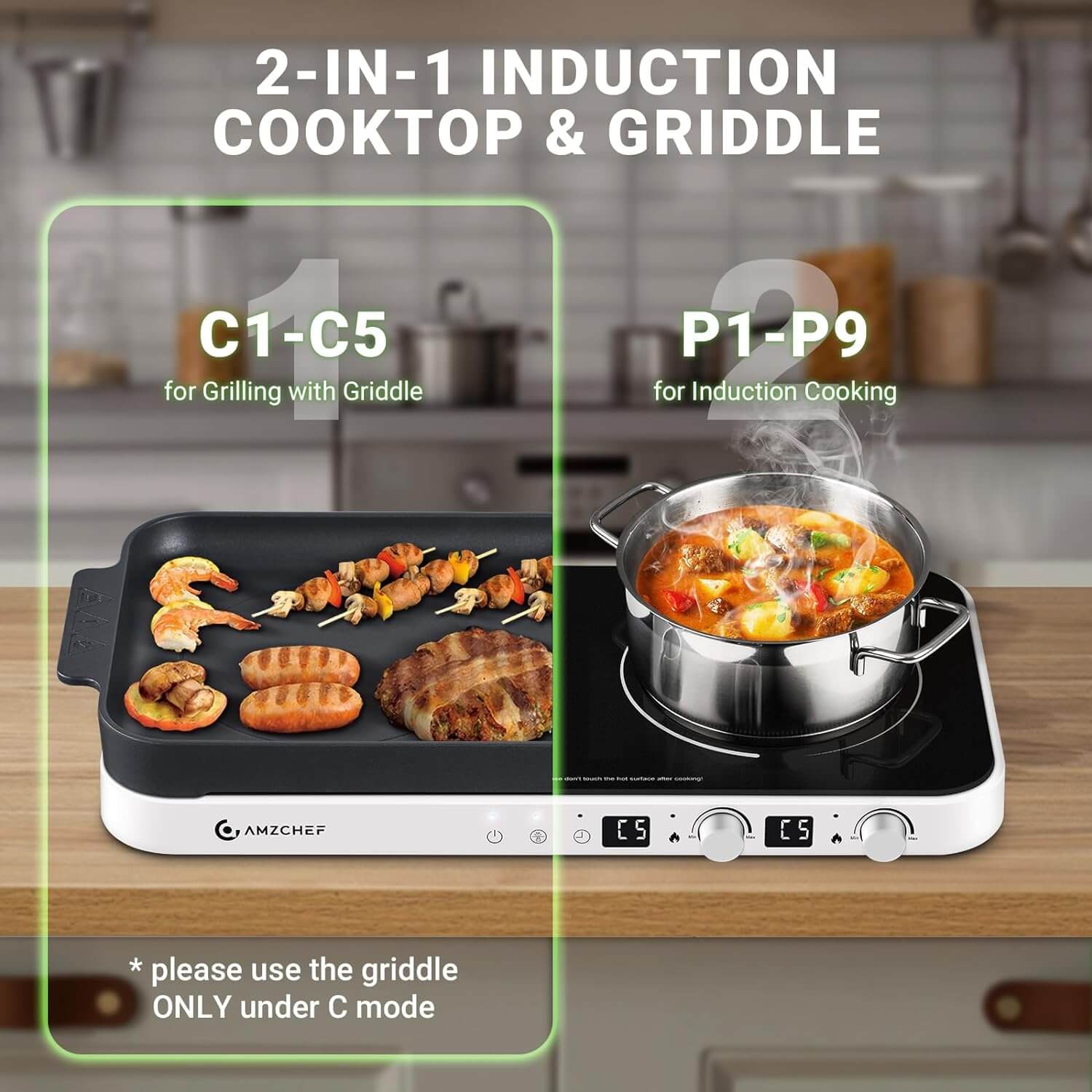 AMZCHEF Double Induction Cooktop with Removable Iron Cast Griddle Pan White