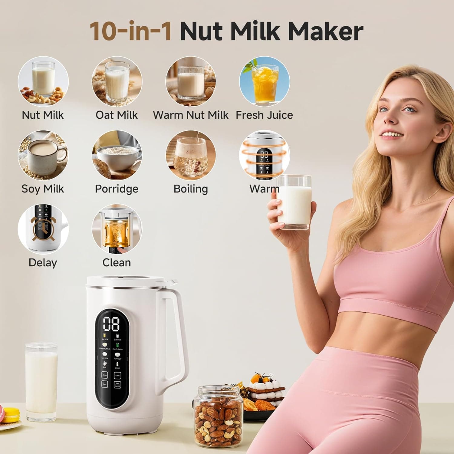 10-in-1 Nut Milk Maker with a woman holding a glass of milk and various uses displayed.