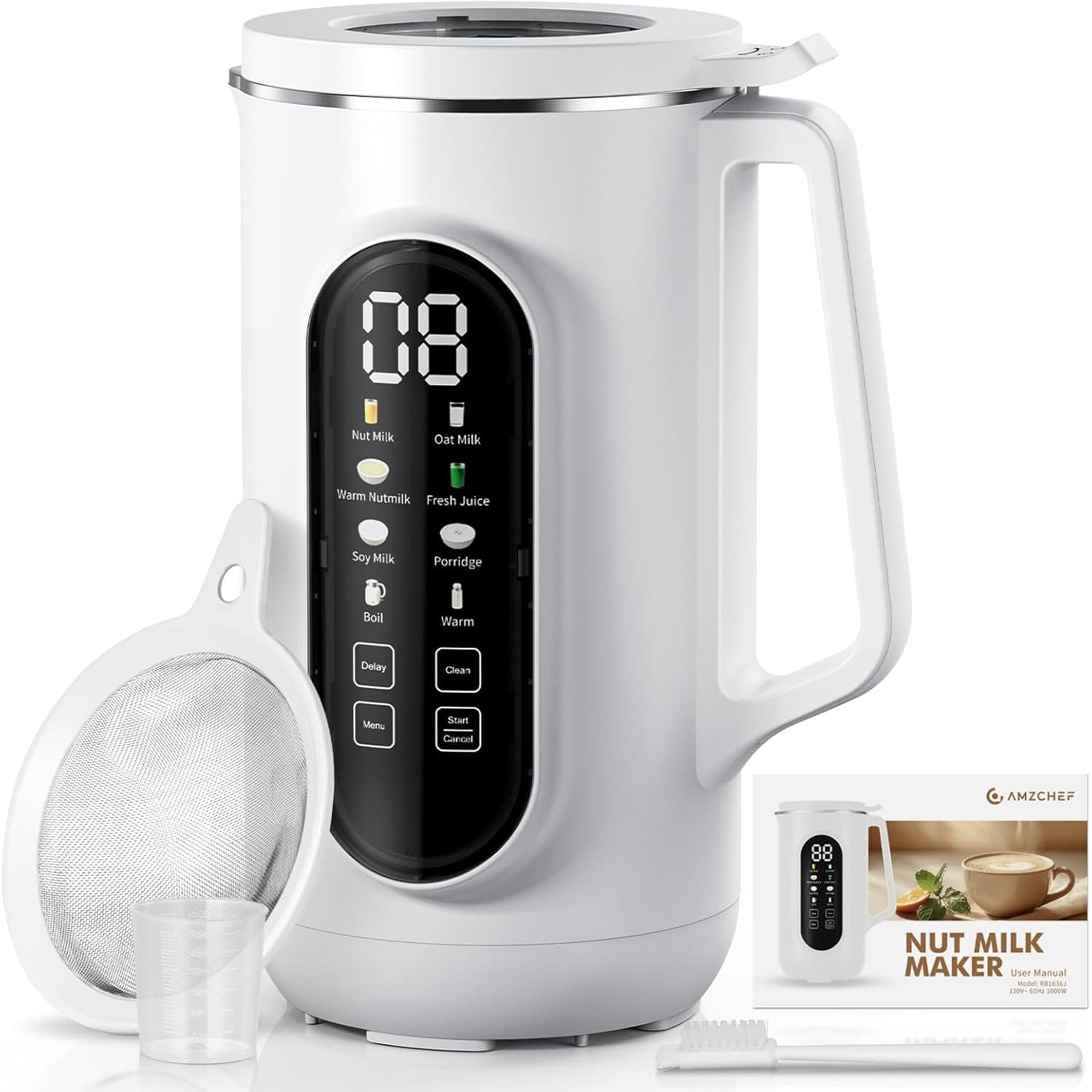 White nut milk maker with digital display on a white background