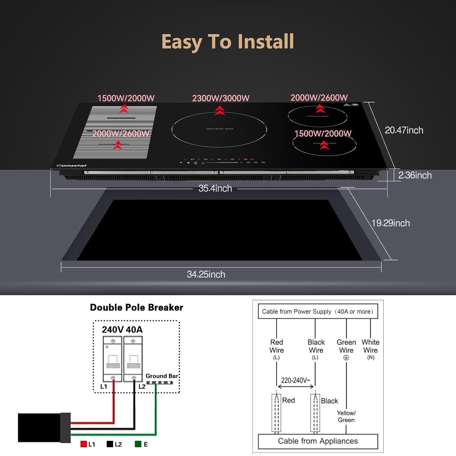 AMZCHEF 36 Inch Built-in Induction Cooktop 5 Boost Burner Including Flexi Zone