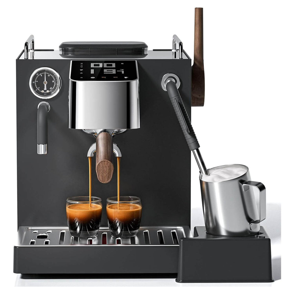 A black and stainless steel semi-automatic espresso machine with two glasses of espresso brewing underneath and a milk pitcher on a stand to the right, set against a plain white background.