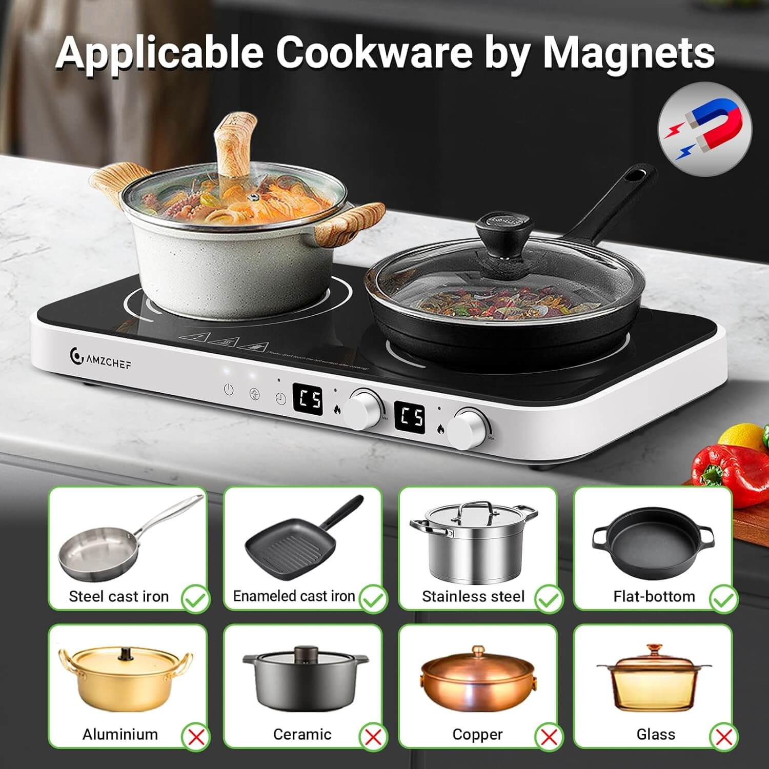 AMZCHEF Double Induction Cooktop with Removable Iron Cast Griddle Pan White