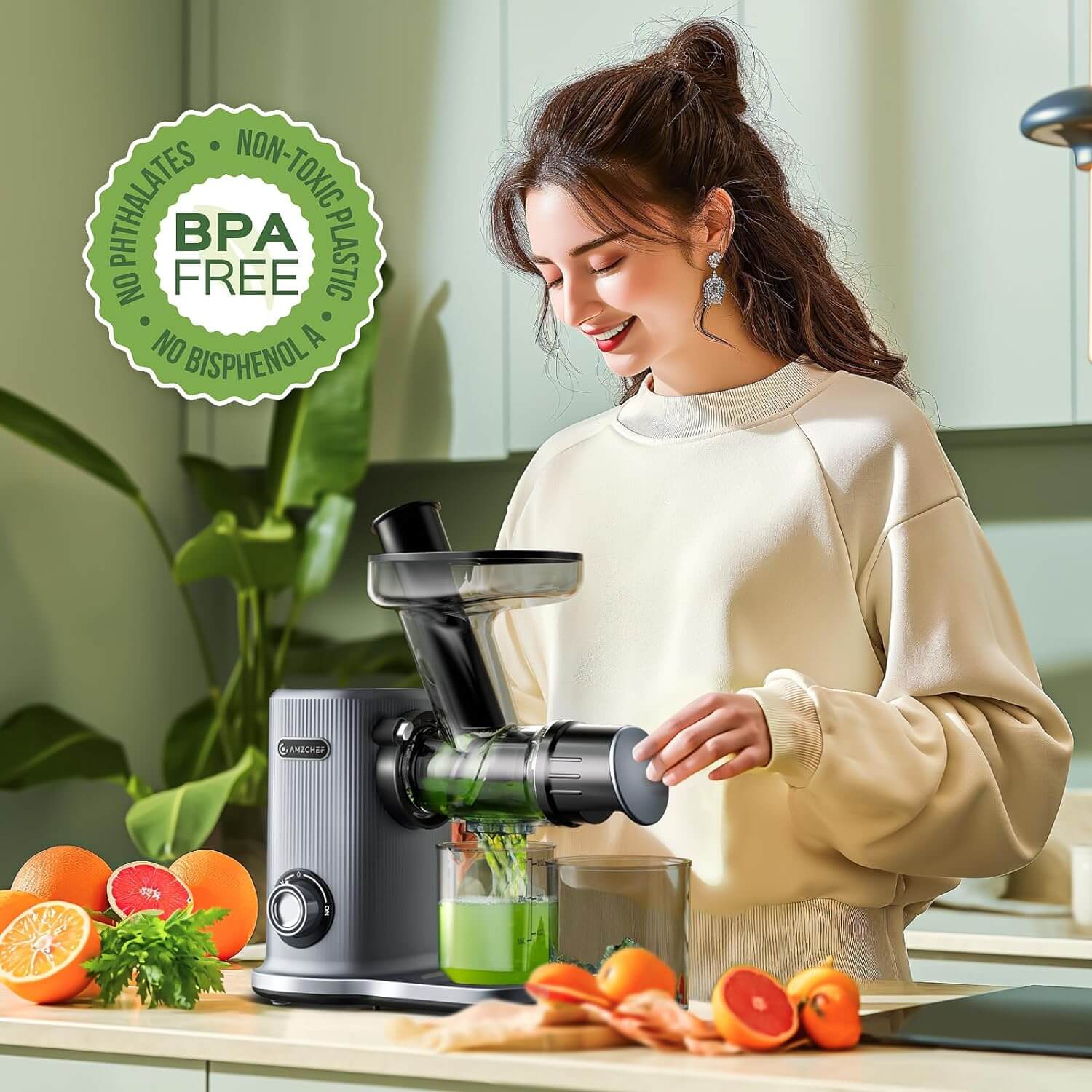 AMZCHEF 50mm Large Feed Chute Small Compact Slow Juicer