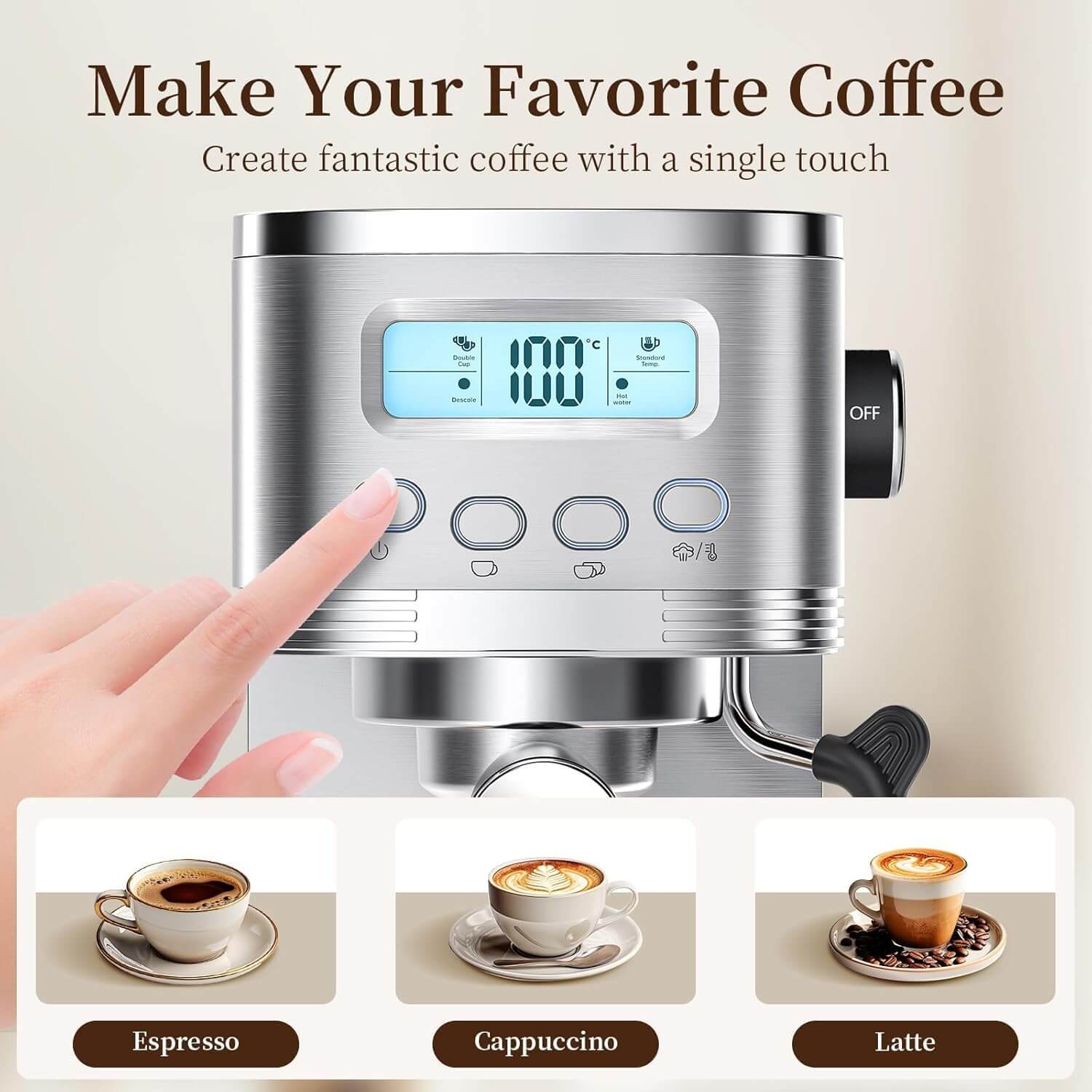 AMZCHEF Compact Latte Machine with Visual LCD 20 Bar