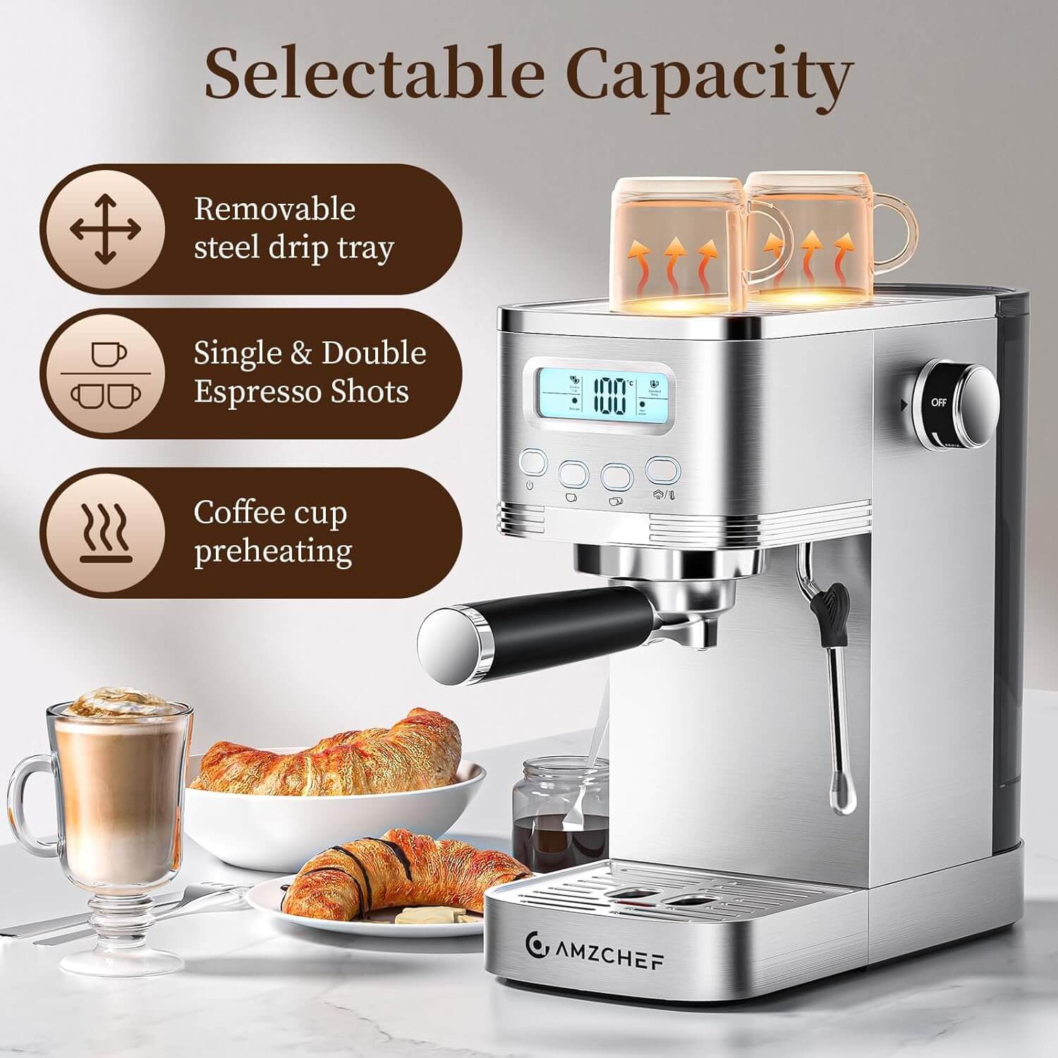 AMZCHEF Compact Latte Machine with Visual LCD 20 Bar