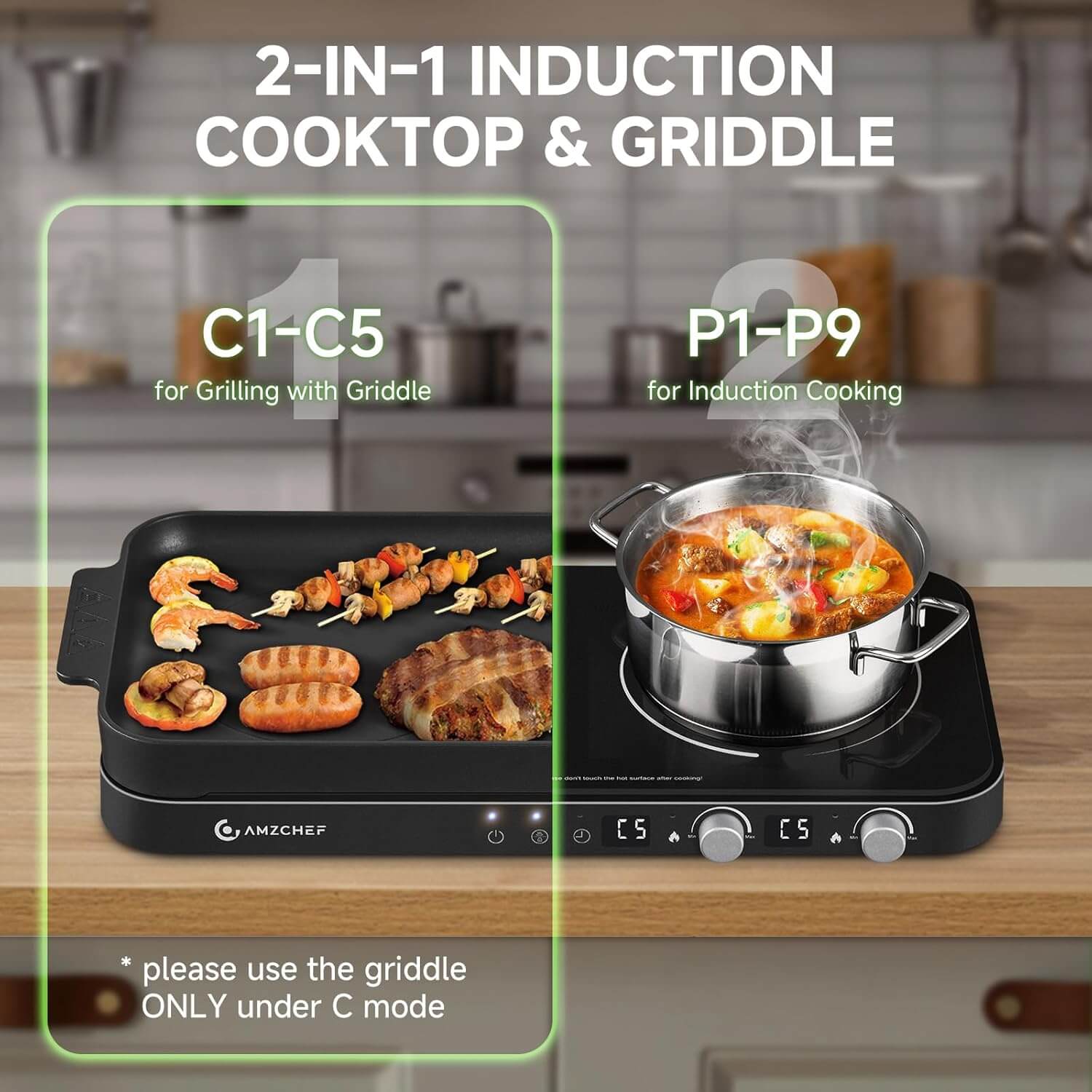 AMZCHEF Double Induction Cooktop with Removable Iron Cast Griddle Pan Black