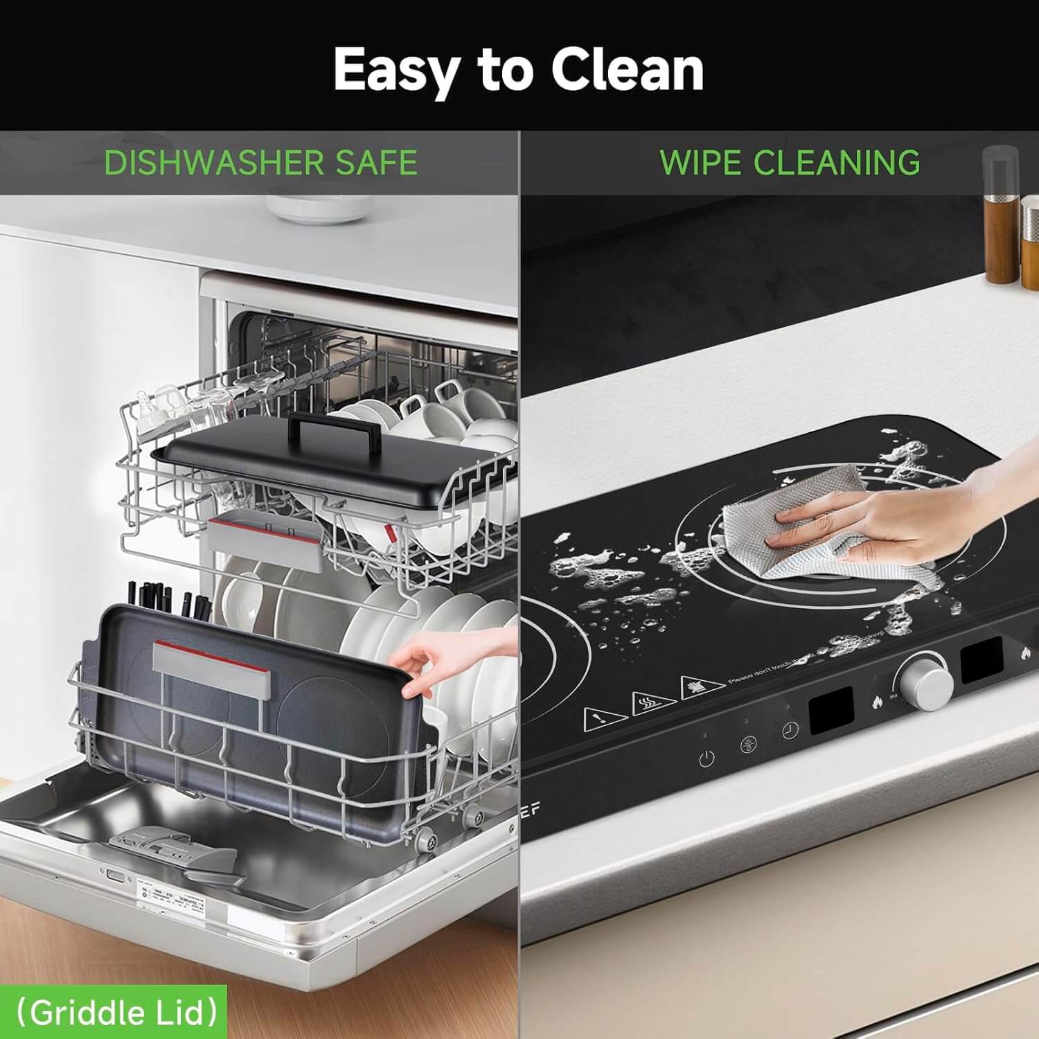 AMZCHEF Double Induction Cooktop with Removable Iron Cast Griddle Pan Black