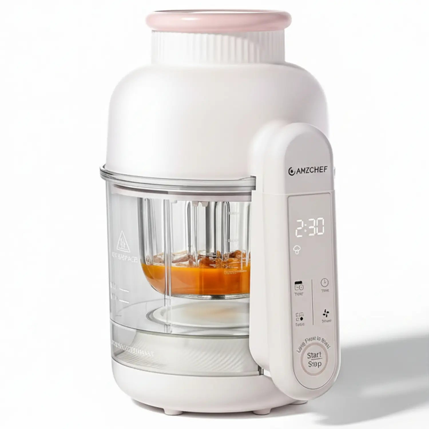 White and pink kitchen appliance with digital display on a white background