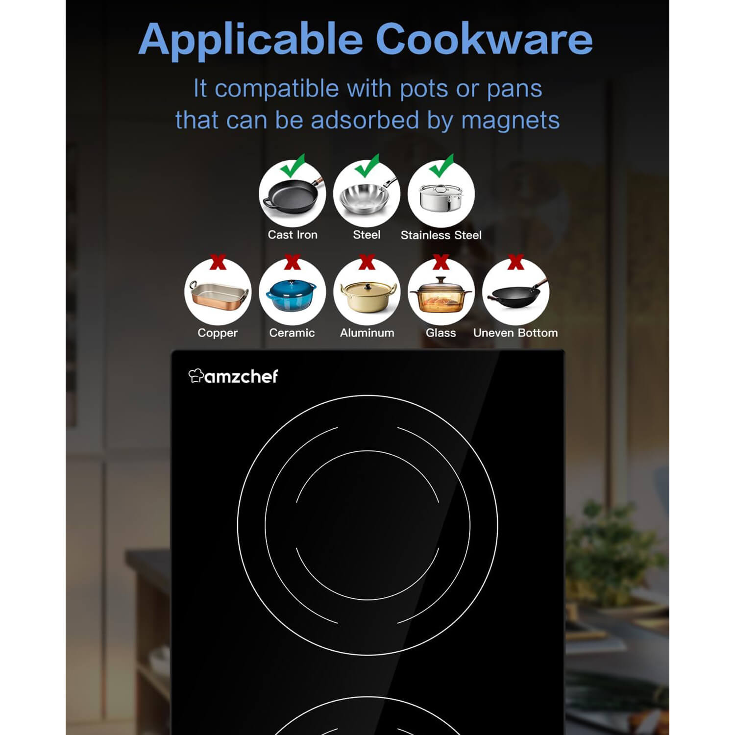 AMZCHEF 12 Inch Electric Stove Hob 2 Burners 1800W