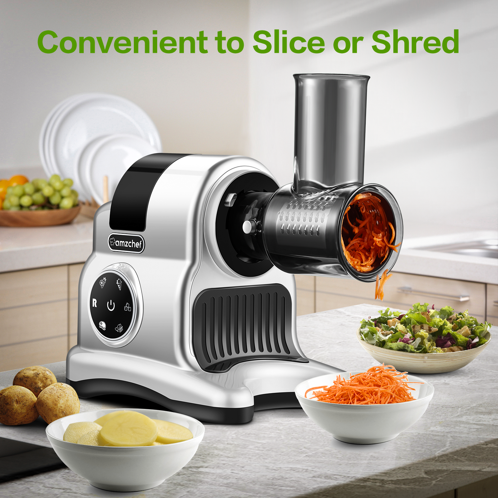 AMZCHEF 5-in-1 Multifunctional Professional Masticating Juicer,white,with Meat Grinder & Slicer shredder & Ice Crusher Attachments