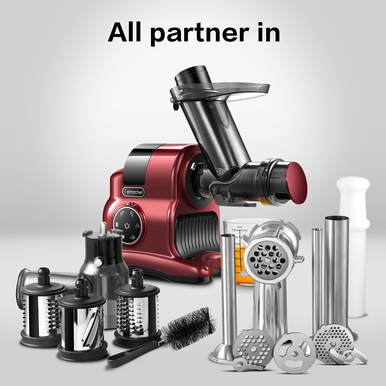 AMZCHEF 5-in-1 Multifunctional Professional Masticating Juicer,red,with Meat Grinder & Slicer shredder & Ice Crusher Attachments