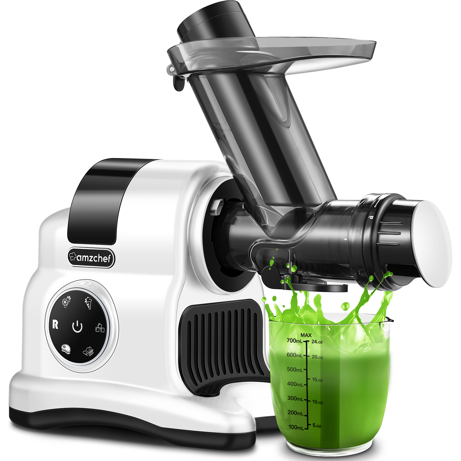 AMZCHEF 5-in-1 Multifunctional Professional Masticating Juicer,white,with Meat Grinder & Slicer shredder & Ice Crusher Attachments