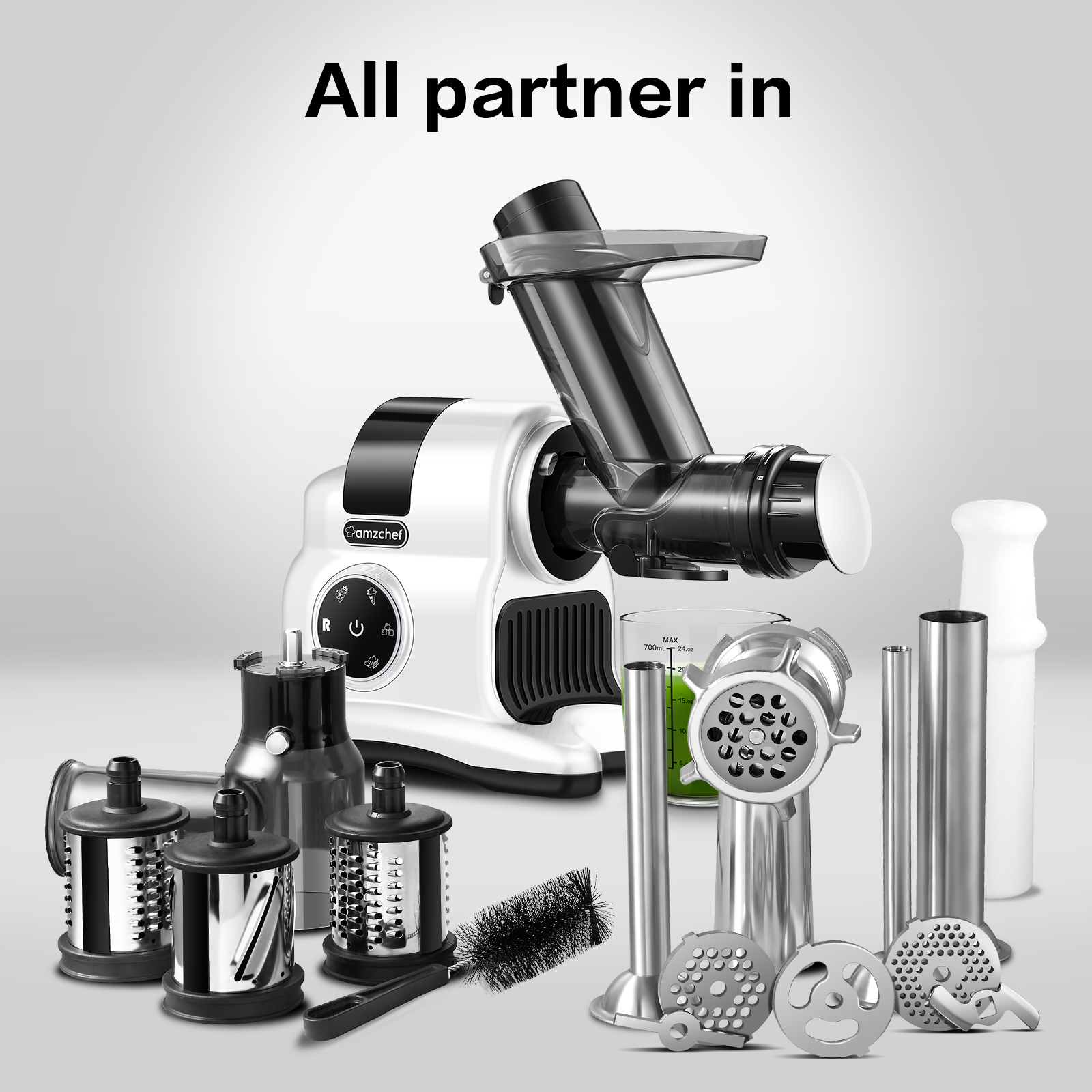 AMZCHEF 5-in-1 Multifunctional Professional Masticating Juicer,white,with Meat Grinder & Slicer shredder & Ice Crusher Attachments