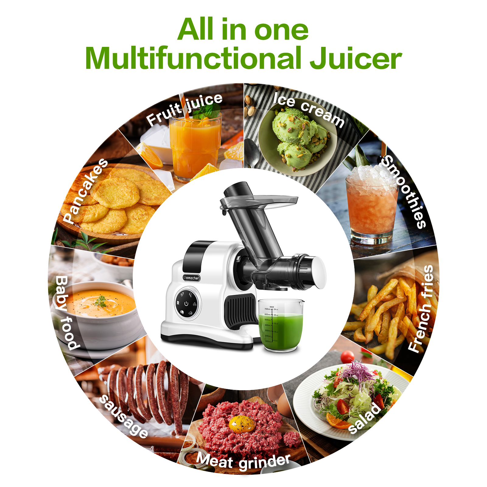 AMZCHEF 5-in-1 Multifunctional Professional Masticating Juicer,white,with Meat Grinder & Slicer shredder & Ice Crusher Attachments