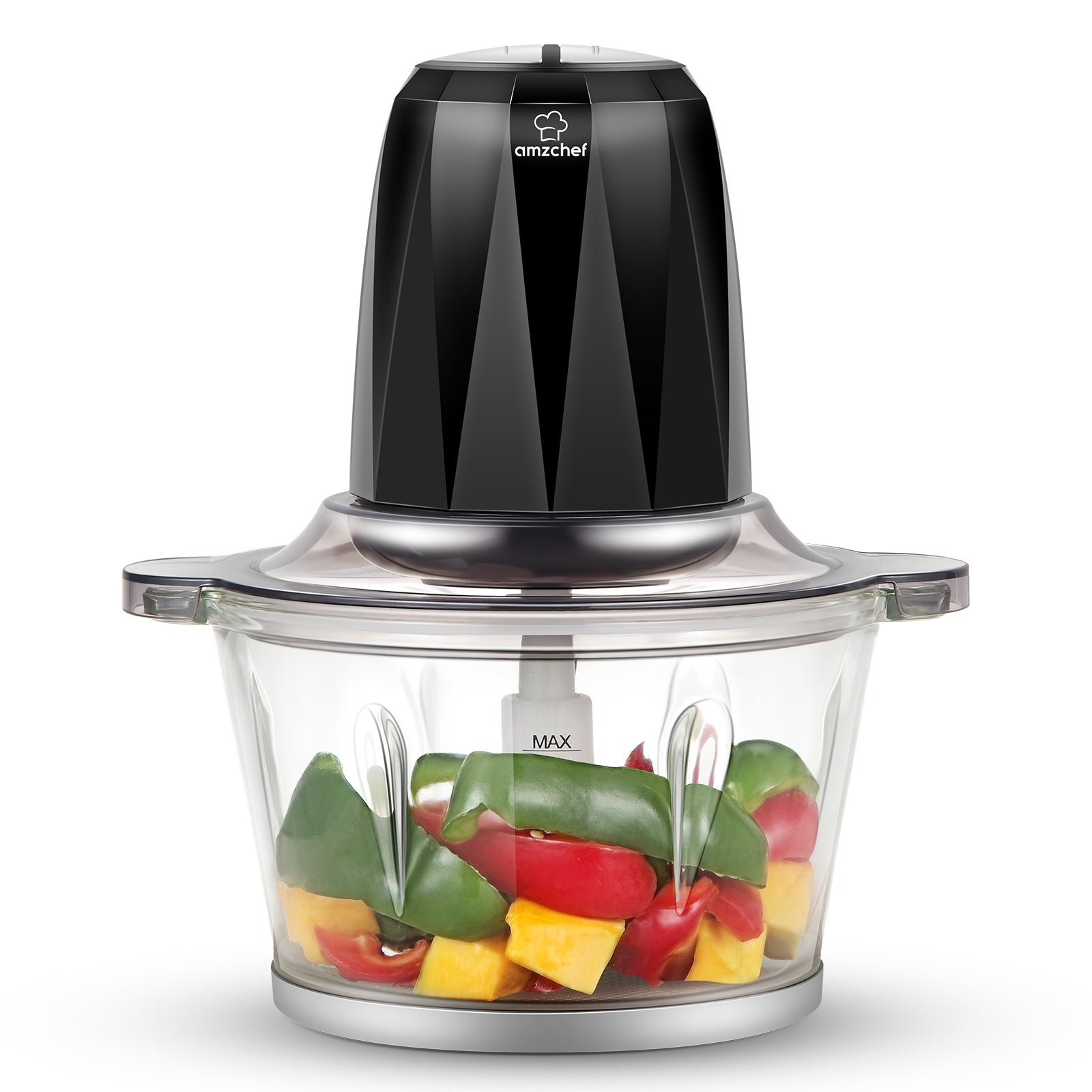 AMZCHEF Electric Food Chopper,7-Cup Meat Chopper, 1.8L BPA-Free Glass Bowl, Braking Function, Fast&Slow Speeds Control, 4 Sharp Blades,300W, Mini food processor for Meat,Vegetables, Fruits and Nuts