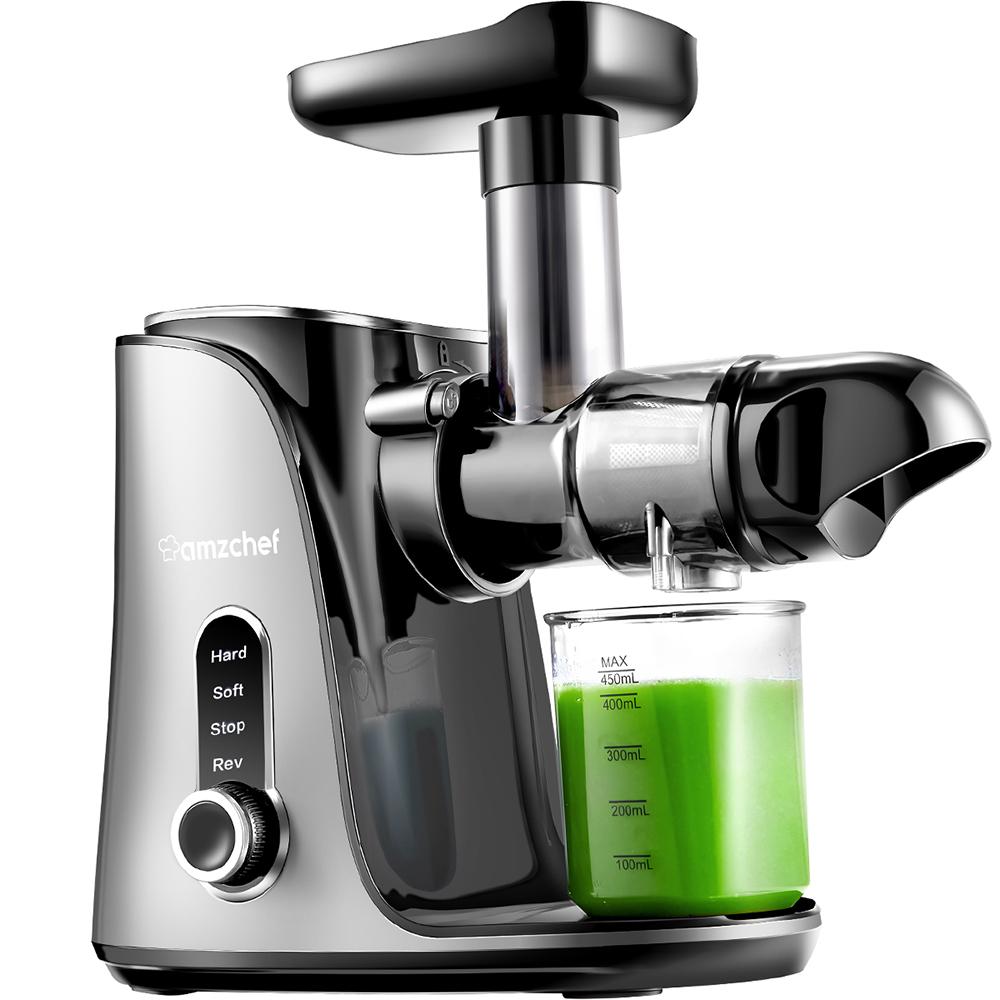 AMZCHEF Slow Masticating Juicer Extractor, Cold Press Juicer with Two Speed Modes, 2 Travel bottles(500ML),LED display, Easy to Clean Brush & Quiet Motor for Vegetables&Fruits,Gray
