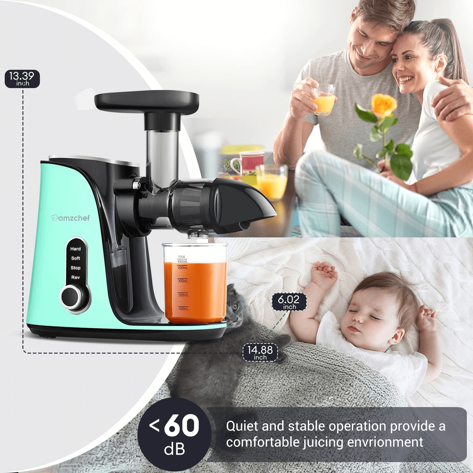 AMZCHEF Slow Juicer for Fruit and Vegetables Powerful Juicer GM3001 Green