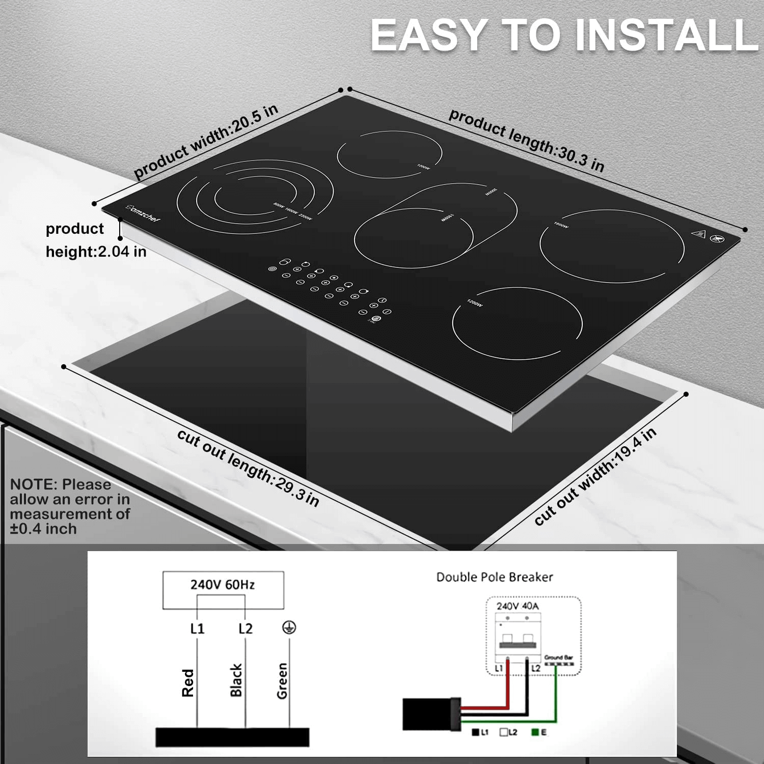 AMZCHEF Built-in Induction Stove With 5 Burners Triple and Toasting Zone