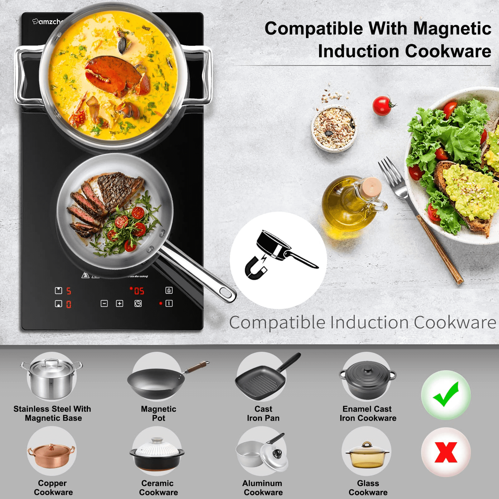 AMZCHEF Electric Induction Cooktop 12" Built-in 10 Power Levels