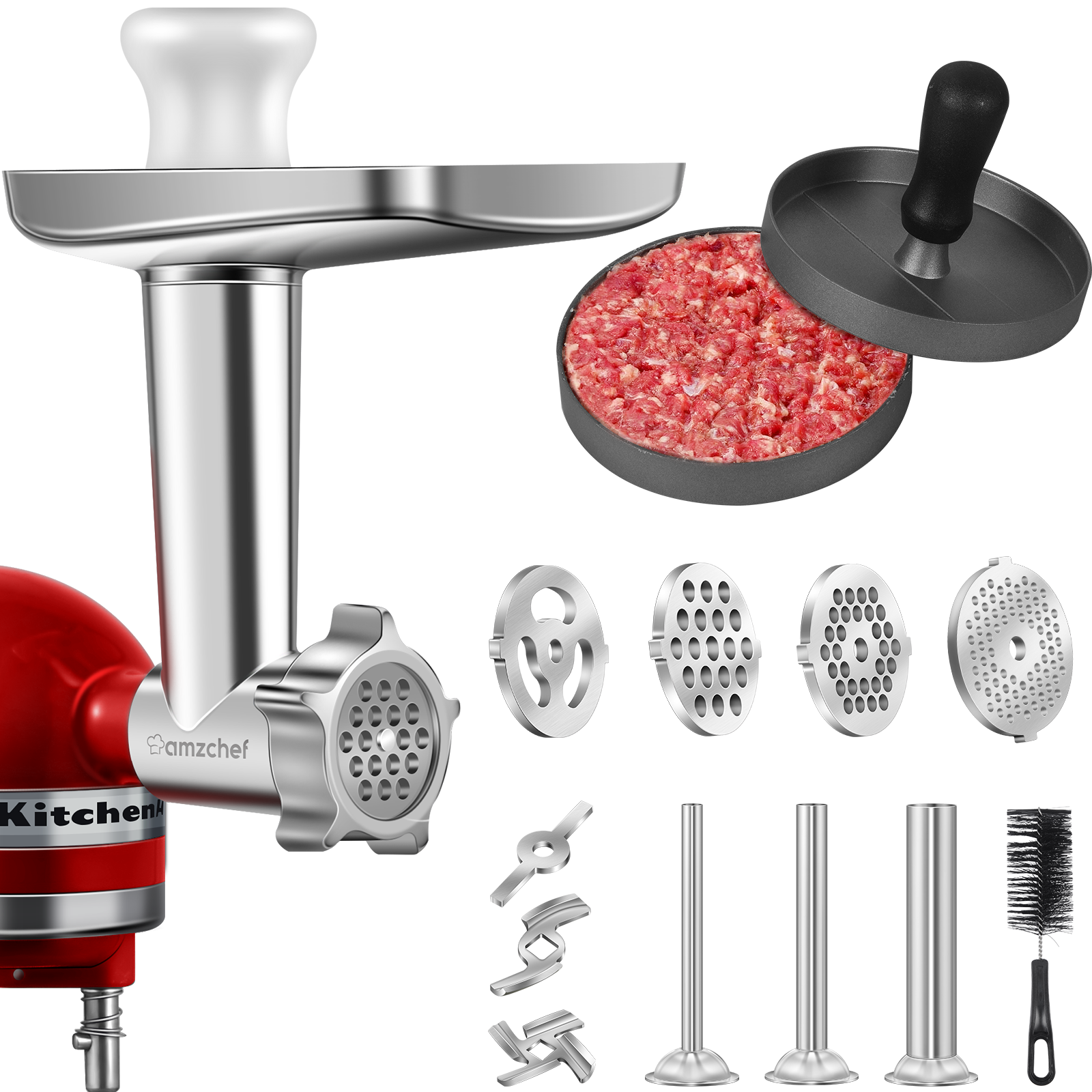 Metal Food Grinder Attachment for KitchenAid Stand Mixers, AMZCHEF Meat Grinder Attachment Included 3 Sausage Stuffer Tubes & A Holder,4 Grinding Plates,2 Grinding Blades, Burger Press,Cleaning Brush