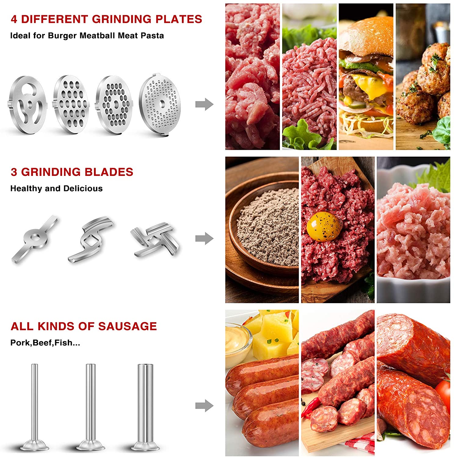 Metal Food Grinder Attachment for KitchenAid Stand Mixers, AMZCHEF Meat Grinder Attachment Included 3 Sausage Stuffer Tubes & A Holder,4 Grinding Plates,2 Grinding Blades, Burger Press,Cleaning Brush