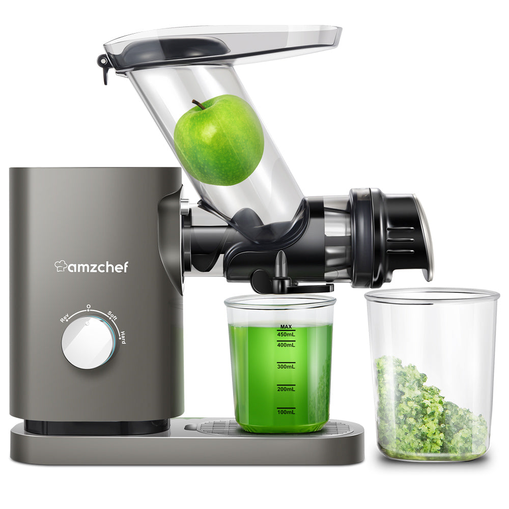 AMZCHEF Slow Juicer Machines Slow Masticating Juicer Cold Press Juicer Vegetables&Fruits Extractor 3'' Large Feed Chute Non-porous Filter Easy Clean& Quite 2 Speeds Jug Brush BPA-Free (Sliver Grey)