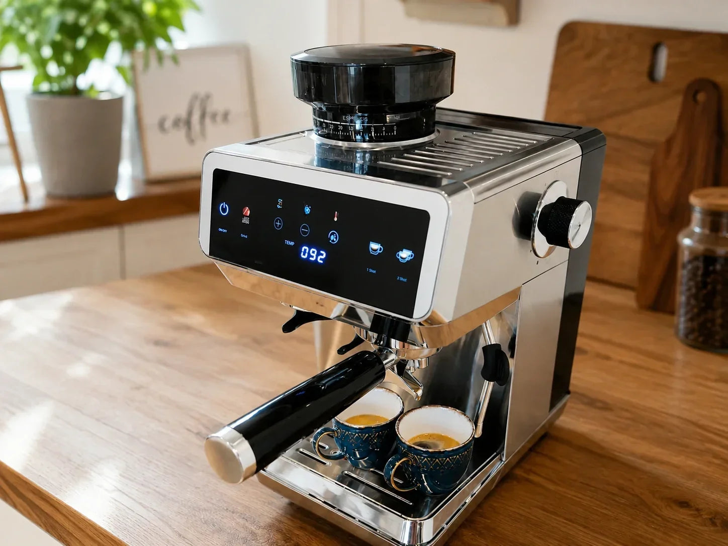 Three espresso shots labeled sour, balanced, and bitter beside a portafilter