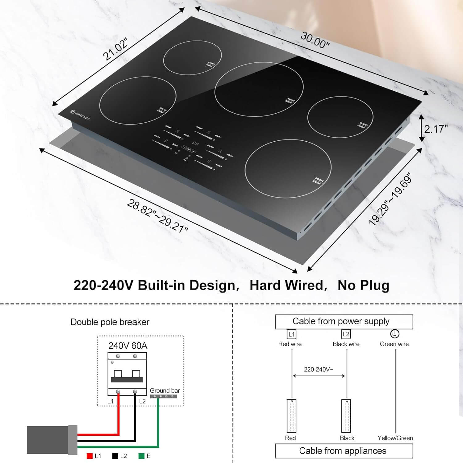 AMZCHEF Induction Cooktop with 5 BOOST Burners 30 Inch 10600W 