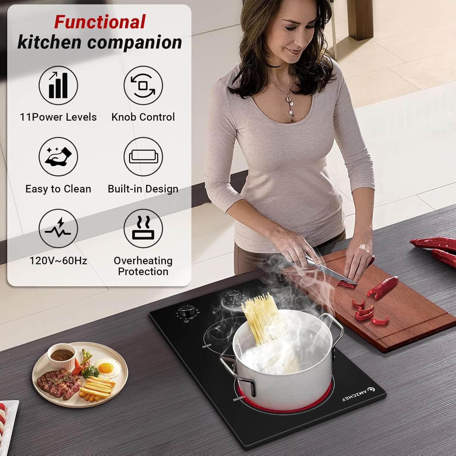 AMZCHEF 2 Burner Electric Cooktop 12 inch Knob Control 1800W