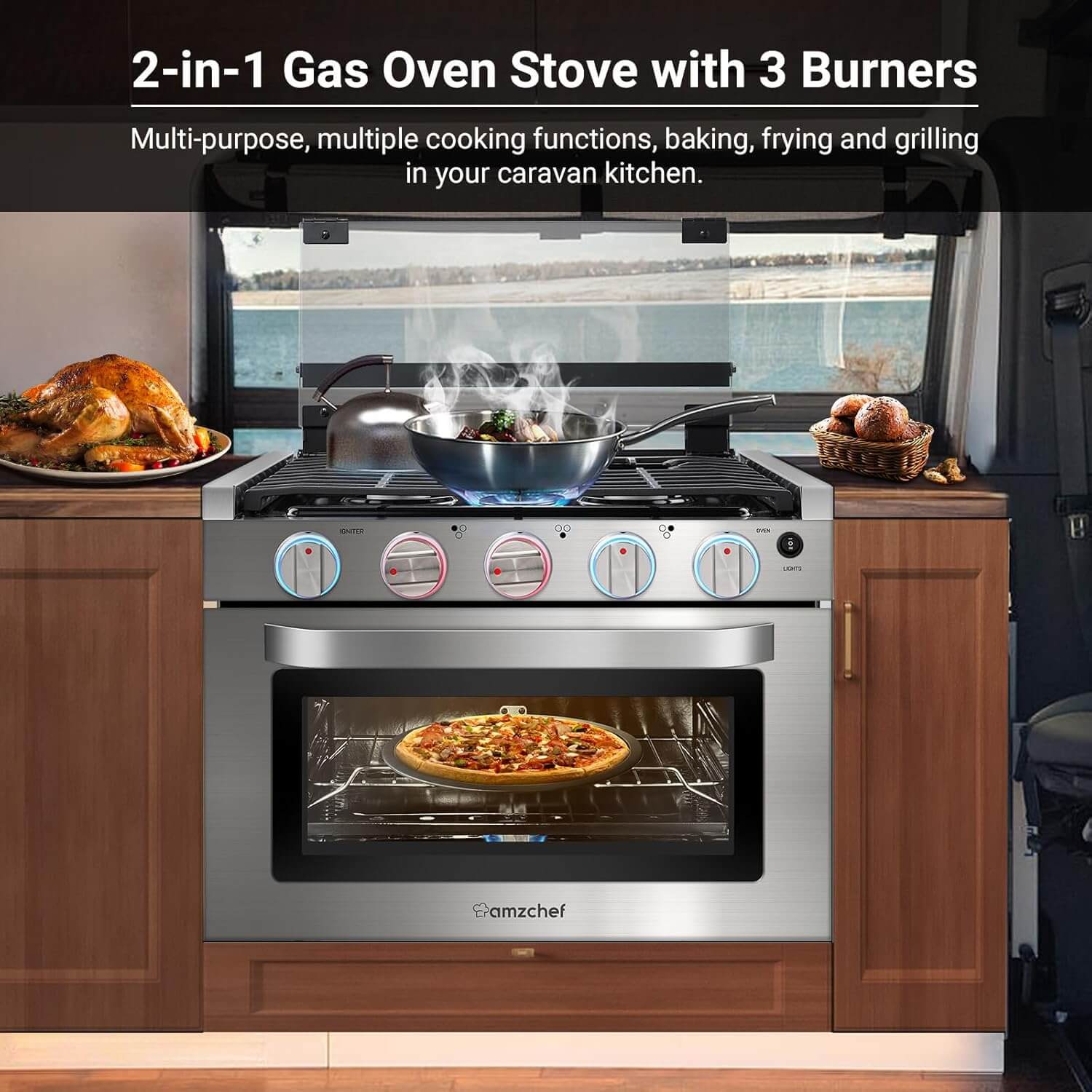 2-in-1 Gas Oven Stove with 3 Burners 1.24 Cu.Ft for RV