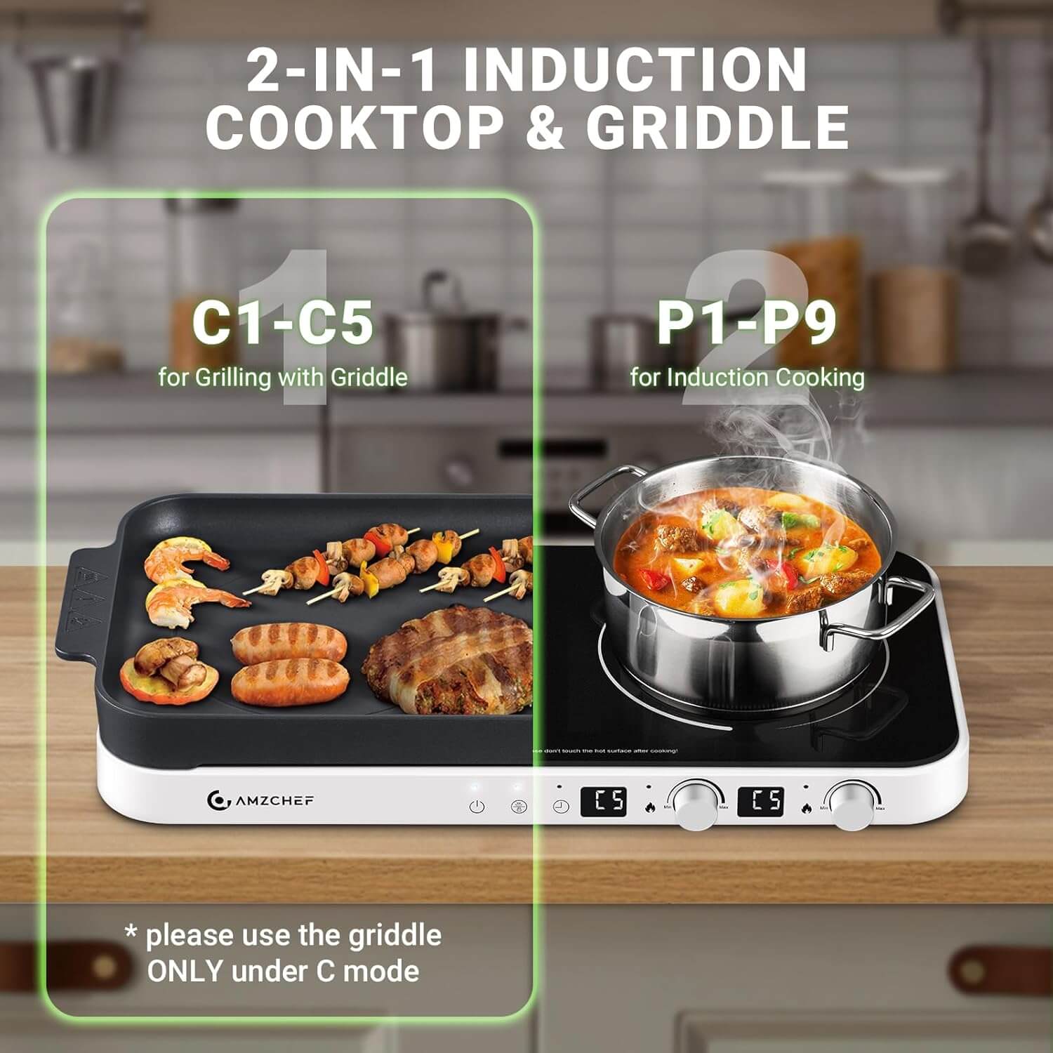 AMZCHEF Double Induction Cooktop with Removable Iron Cast Griddle Pan