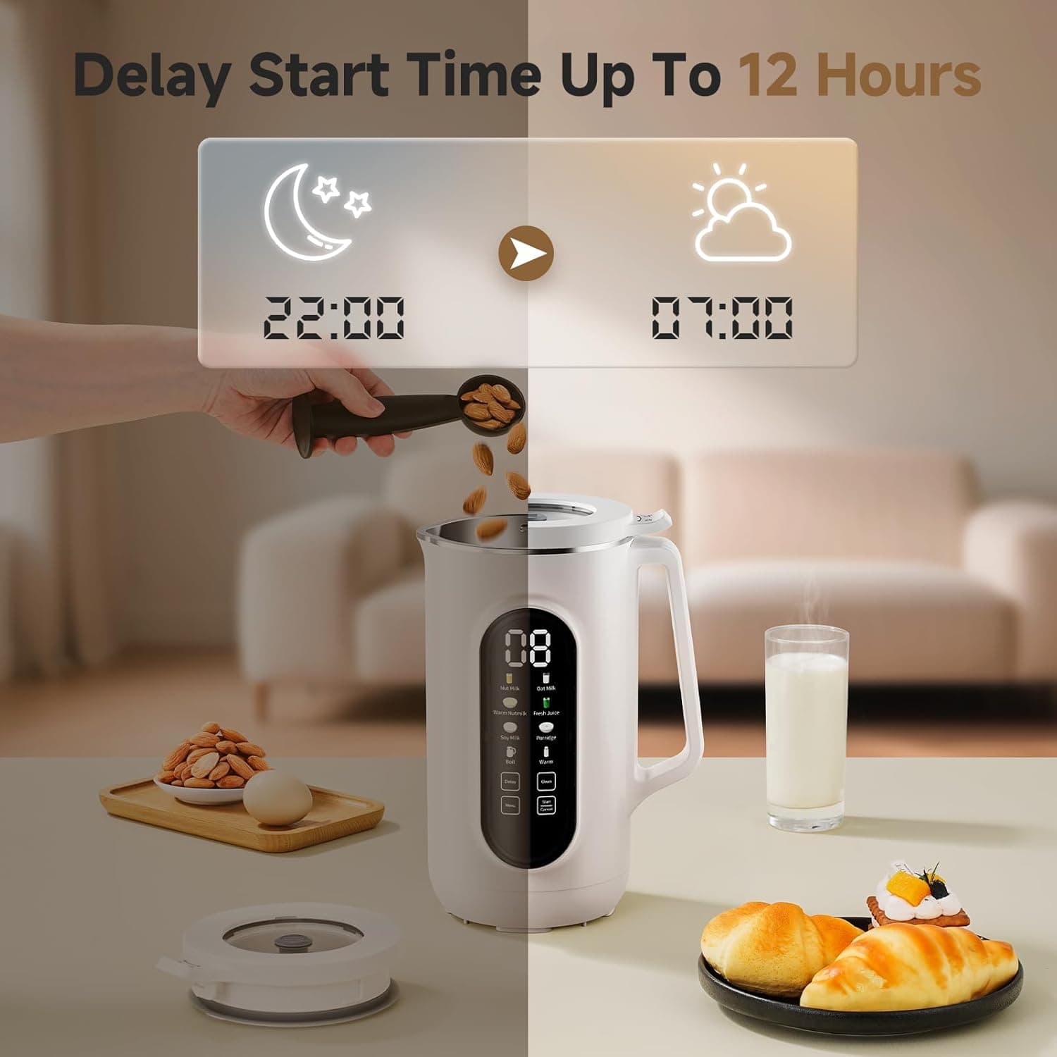 Digital clock with delay start feature displayed, showing time settings and a kitchen setting with food.