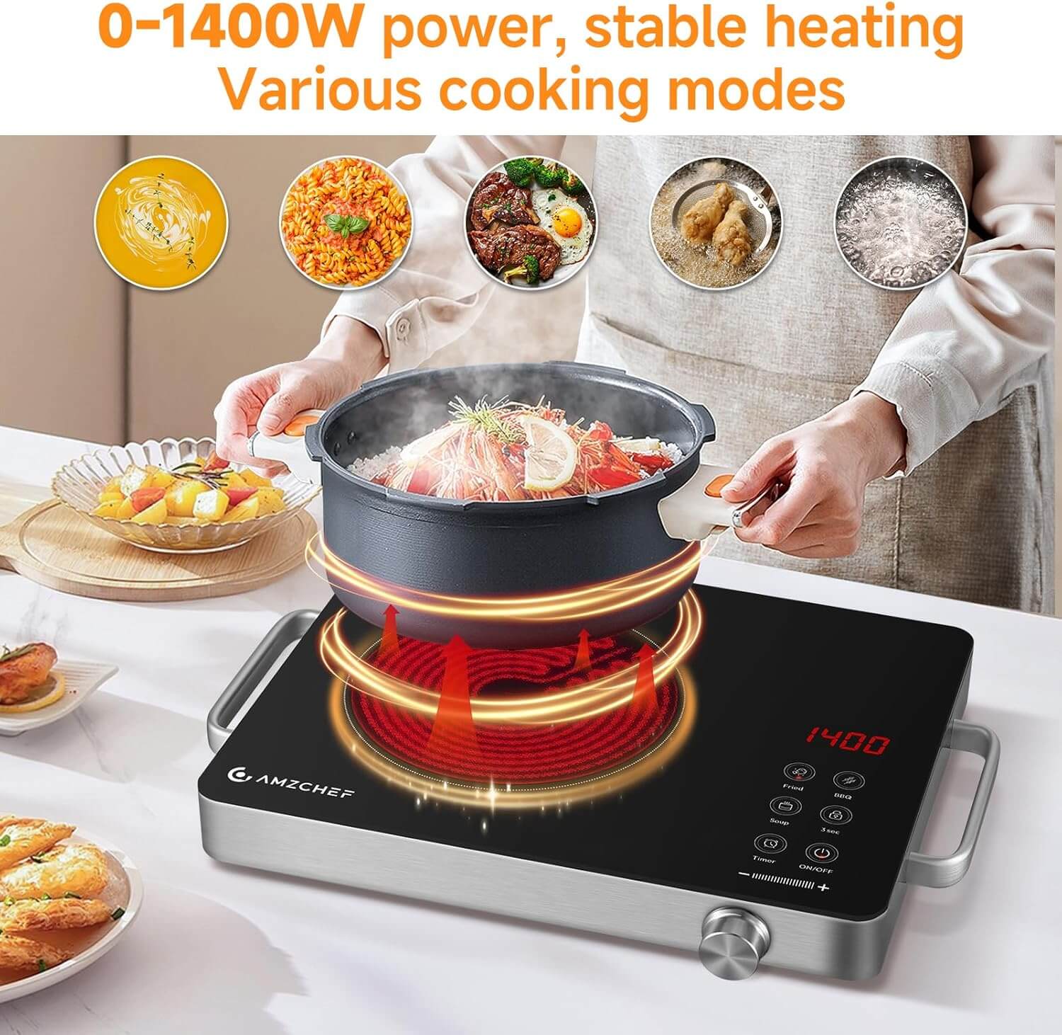 AMZCHEF 1400W Single Burner Electric Cooktop Knob Control BM1201