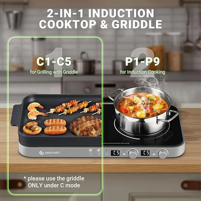 AMZCHEF 1800W 2-Burner Induction Cooktop with Removable Griddle Pan | 9 Power Levels