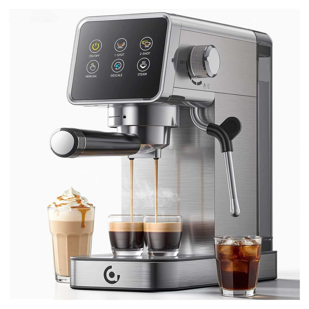 A stainless steel and black electric espresso machine with a digital touch screen, shown dispensing espresso into two glasses. A glass of iced coffee and a tall drink with whipped cream and caramel are placed on either side, set against a clean white background.