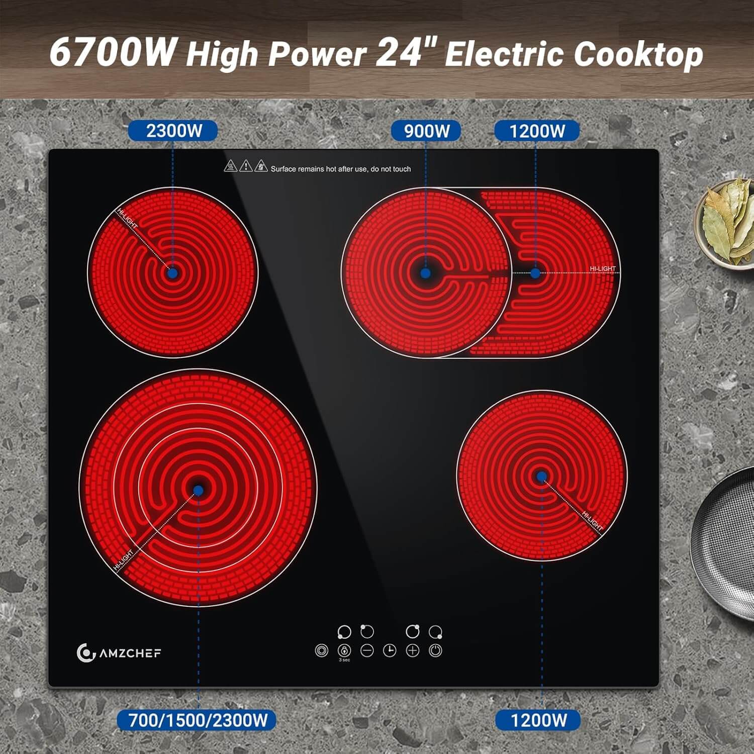 AMZCHEF Built-in Electric Cooktop 4 High Power Burners 24 Inch 6700W