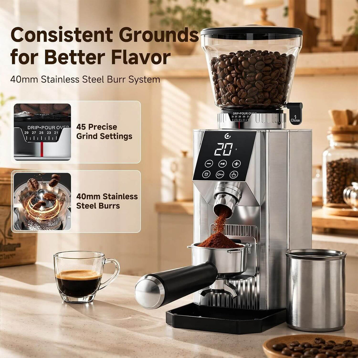 AMZCHEF Conical Burr Coffee Grinder 45 Settings Low Mess