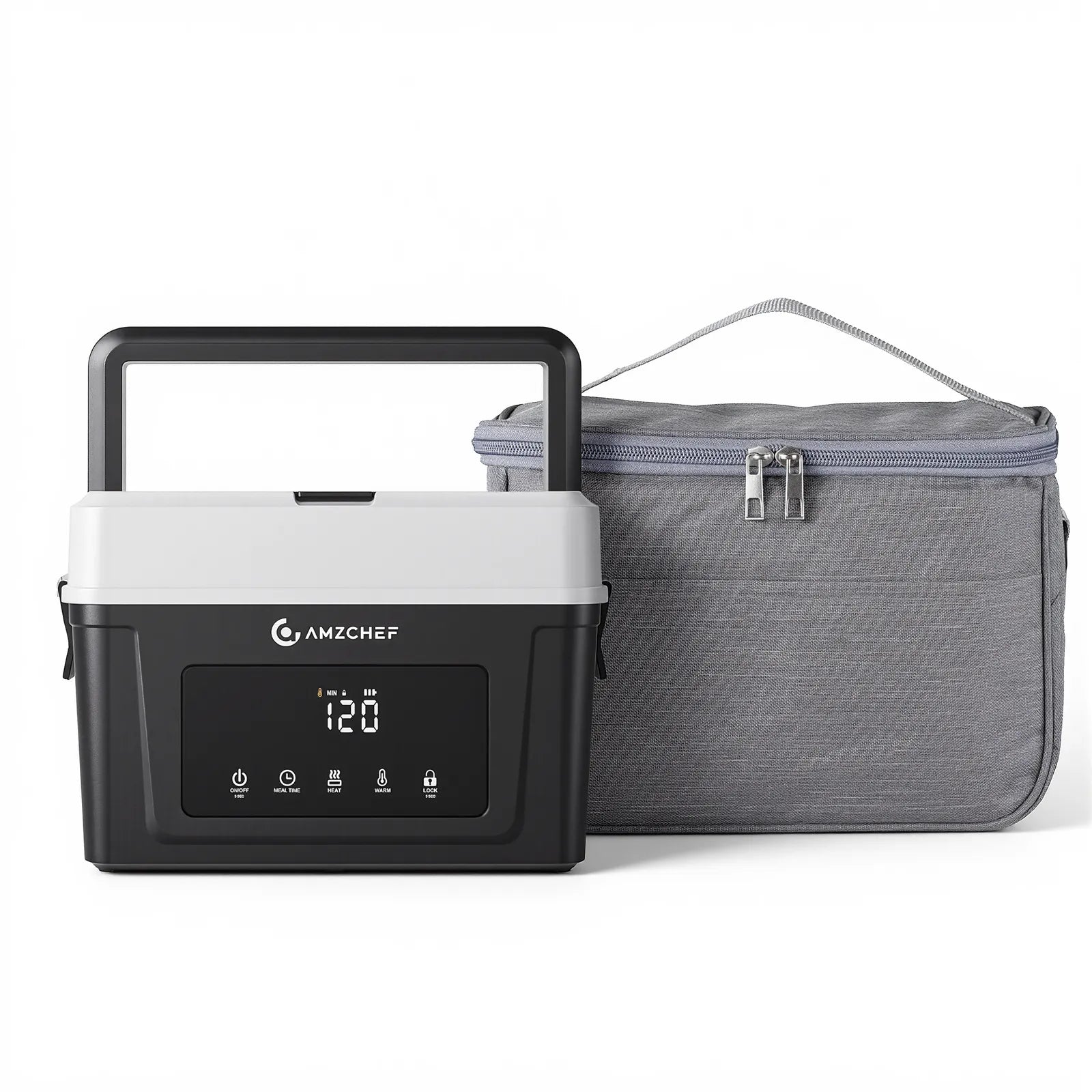Portable electric lunch box with digital display and gray carrying case on a white background