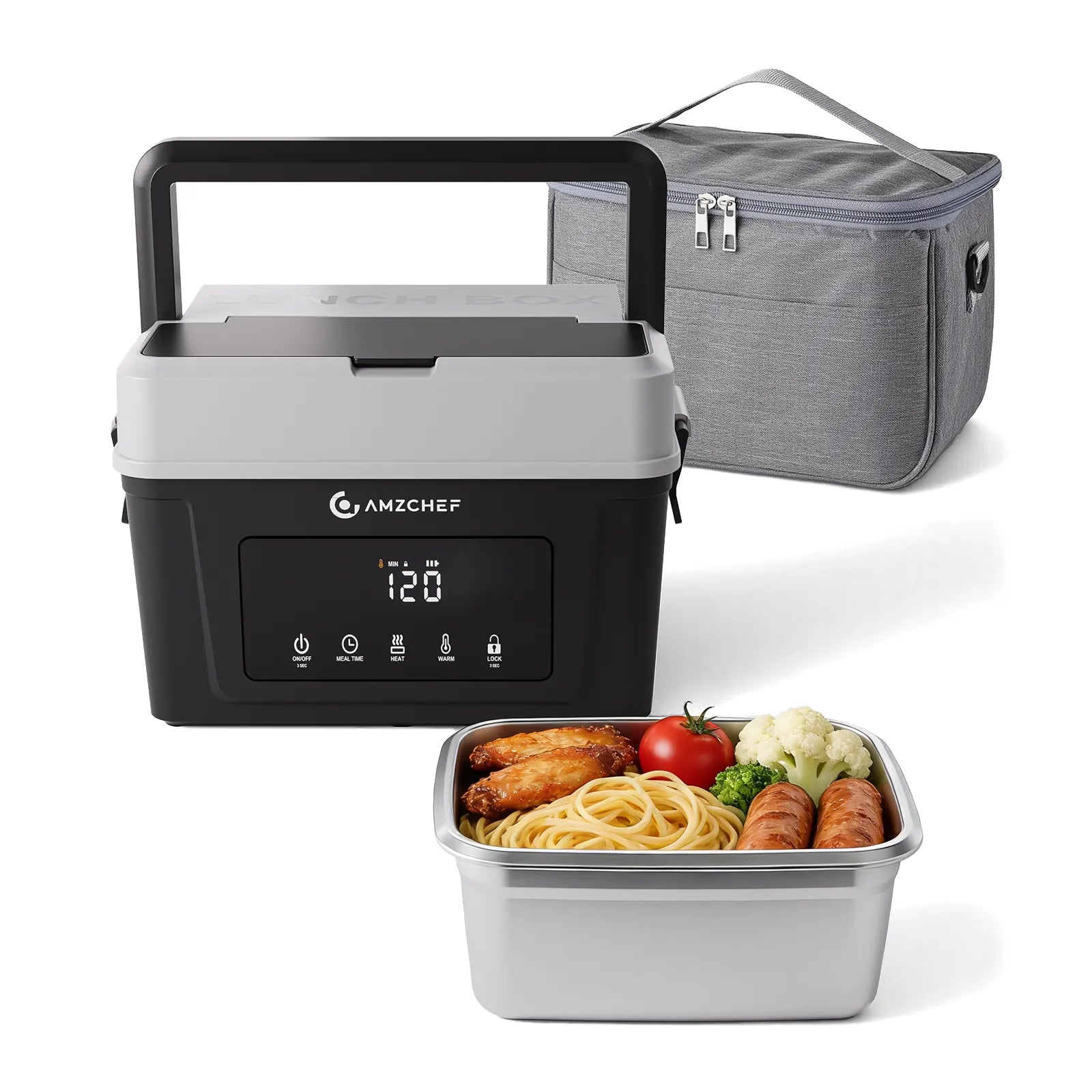 Portable food warmer with digital display, food container, and insulated bag on a white background