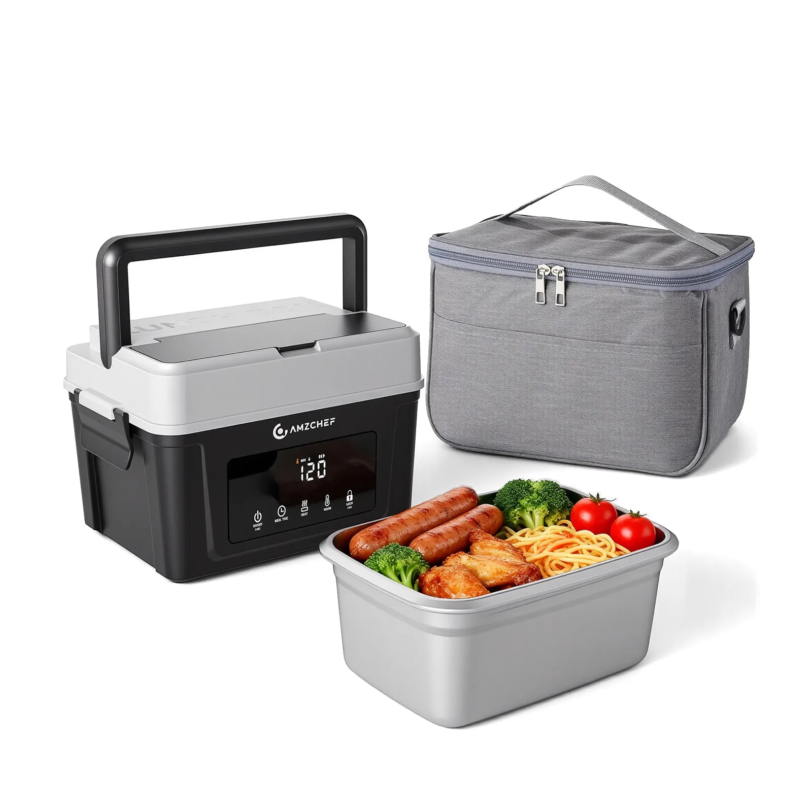 Portable lunch box with digital display, gray insulated lunch bag, and food container on a white background