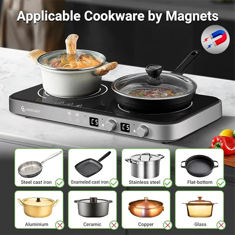 AMZCHEF 1800W 2-Burner Induction Cooktop with Removable Griddle Pan | 9 Power Levels