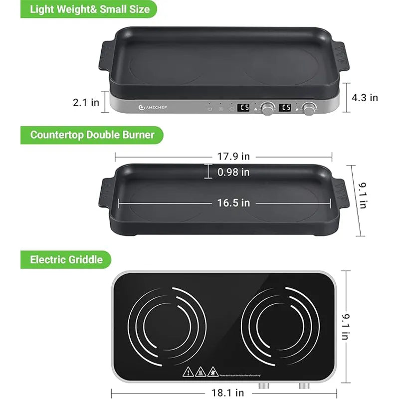 AMZCHEF 1800W 2-Burner Induction Cooktop with Removable Griddle Pan | 9 Power Levels