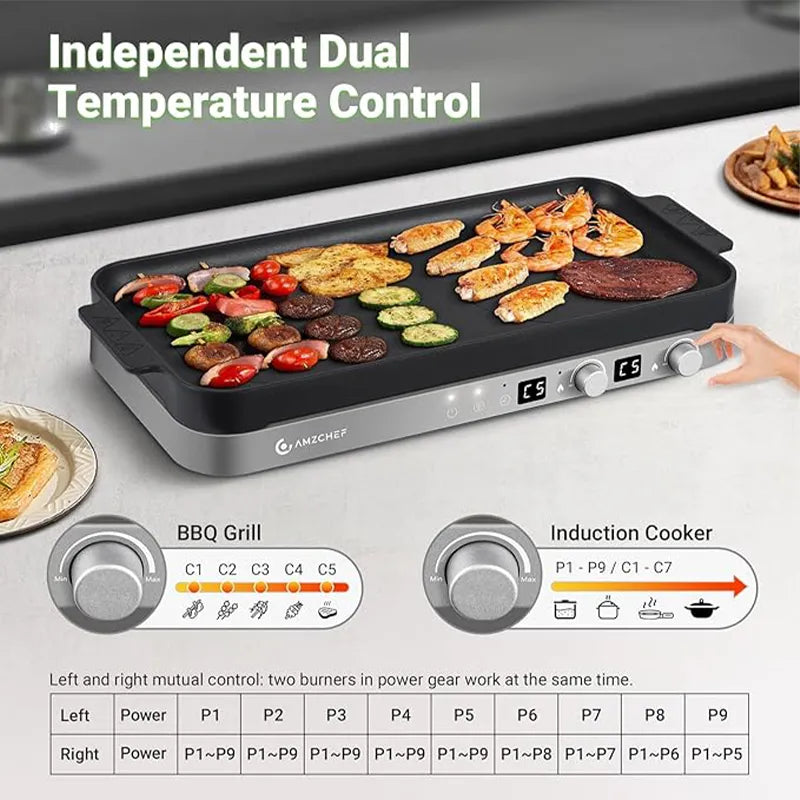 AMZCHEF 1800W 2-Burner Induction Cooktop with Removable Griddle Pan | 9 Power Levels