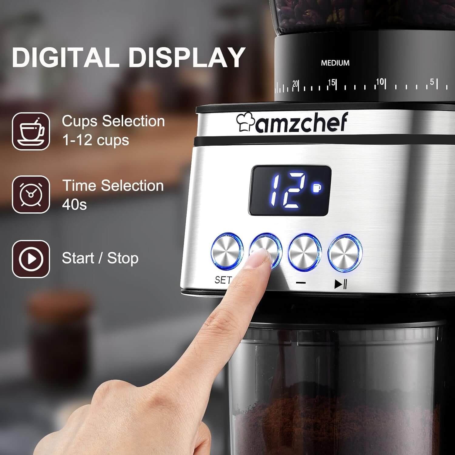 AMZCHEF Electric Coffee Bean Grinder with 30 Precise Settings