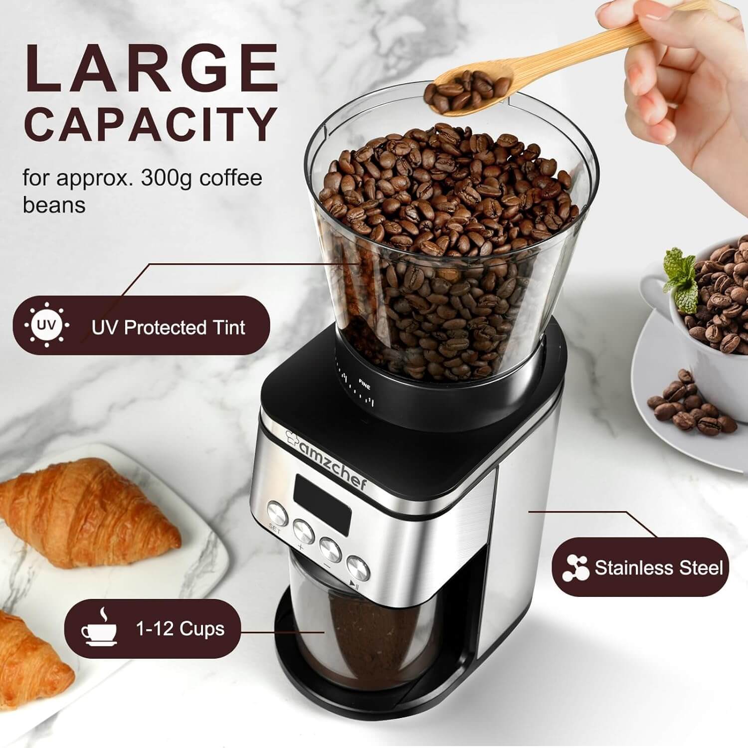 AMZCHEF Electric Coffee Bean Grinder with 30 Precise Settings