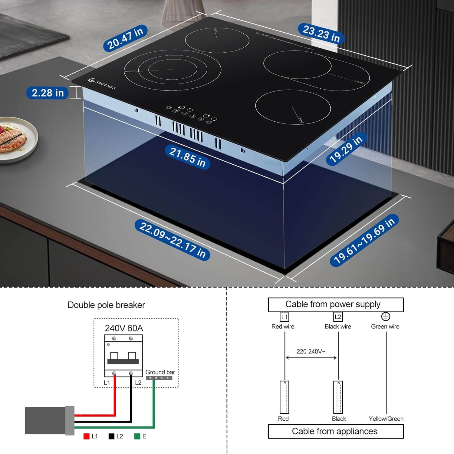 AMZCHEF Built-in Electric Cooktop 4 High Power Burners 24 Inch 6700W