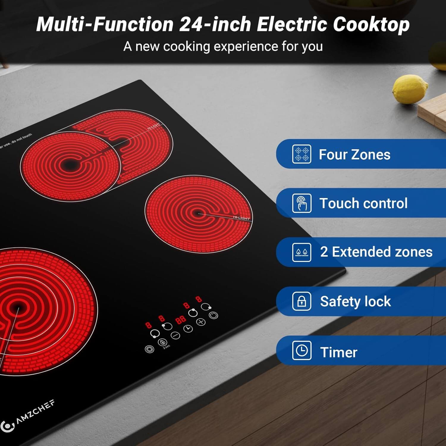 AMZCHEF Built-in Electric Cooktop 4 High Power Burners 24 Inch 6700W