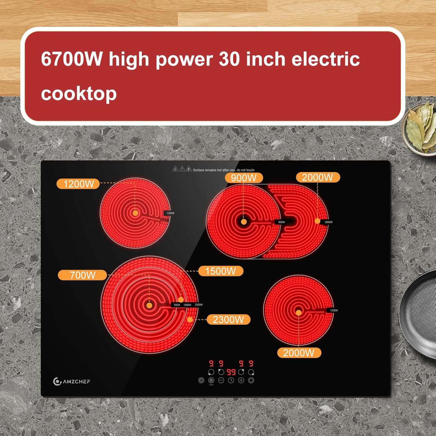 AMZCHEF Built-in Electric Cooktop 4 High Power Burners 30 Inch 6700W