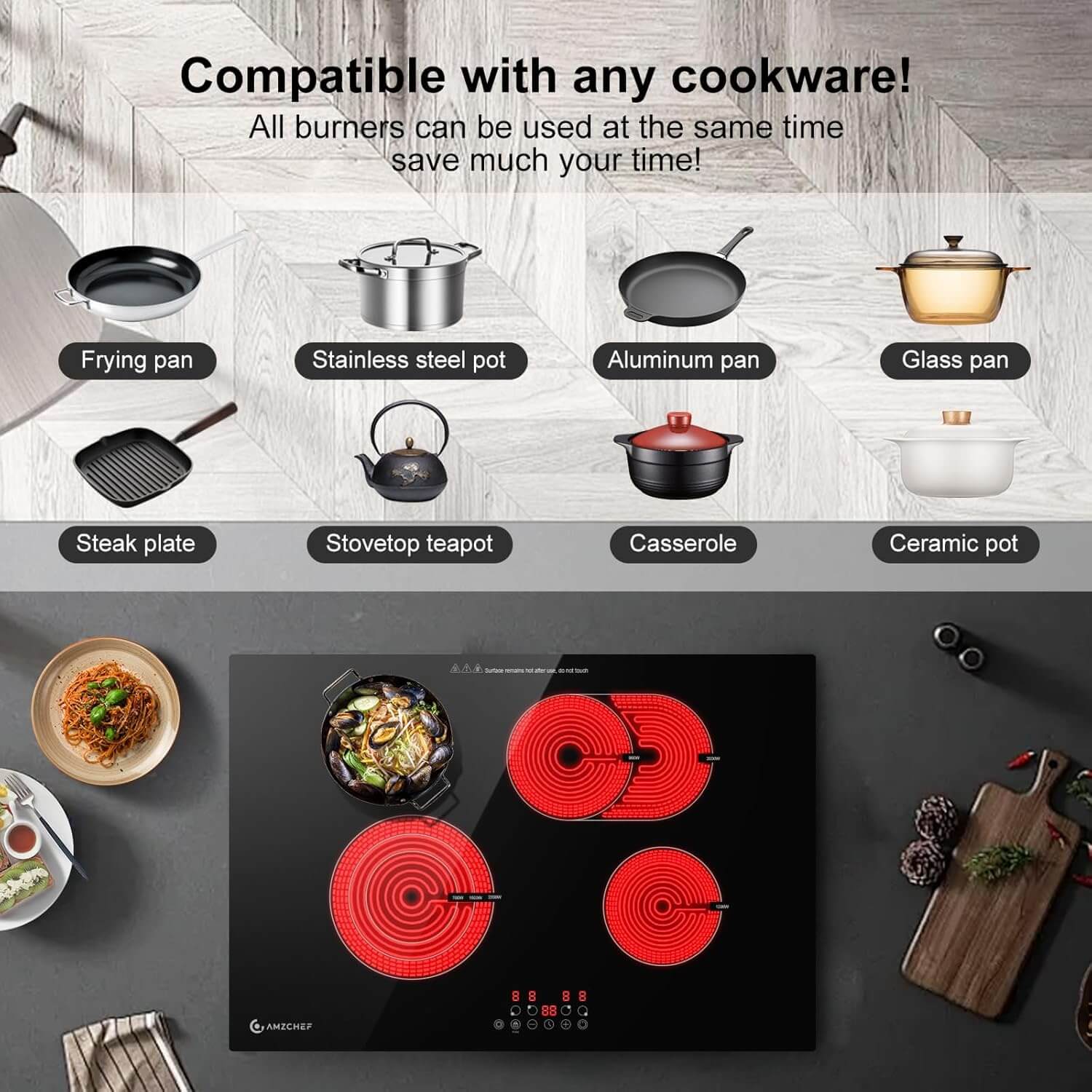 AMZCHEF Built-in Electric Cooktop 4 High Power Burners 30 Inch 6700W