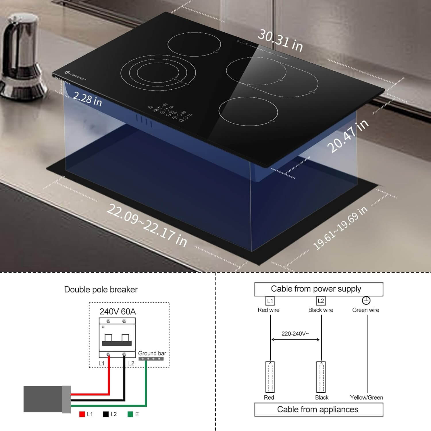 AMZCHEF Built-in Electric Cooktop 4 High Power Burners 30 Inch 6700W